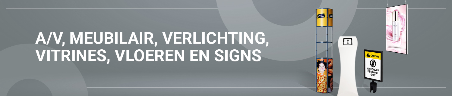 A/V, meubilair, verlichting, vitrines, vloeren en signs